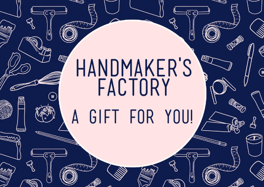 A blue and pink graphic for a gift voucher with text 'Handmaker's Factory - A gift for you!'